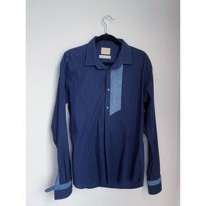 Takeshy Kurosawa Navy Blue Button Down Camicia Con Plisse XL
